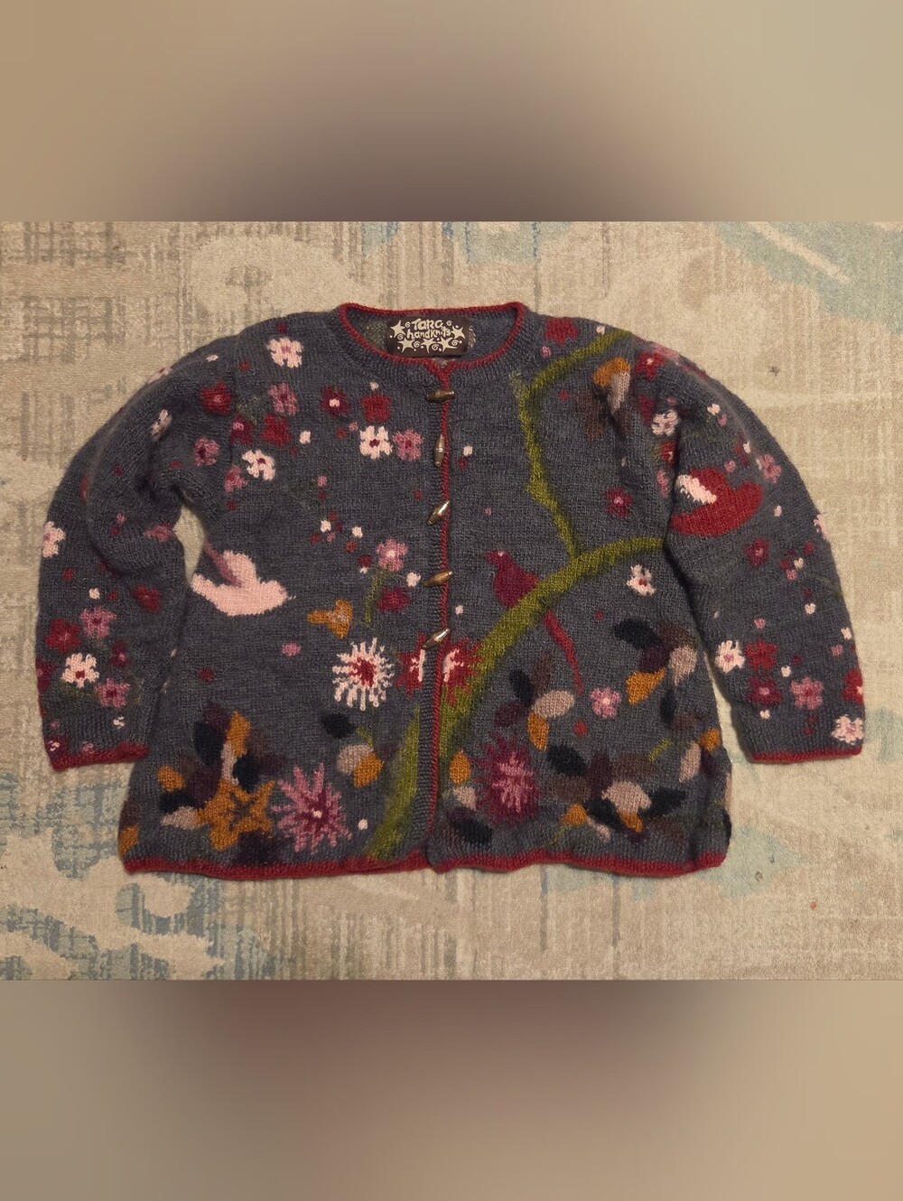 Vintage Tara Handknits Nepal Floral Bird Wool Cardigan Sweater Chunky Knit.